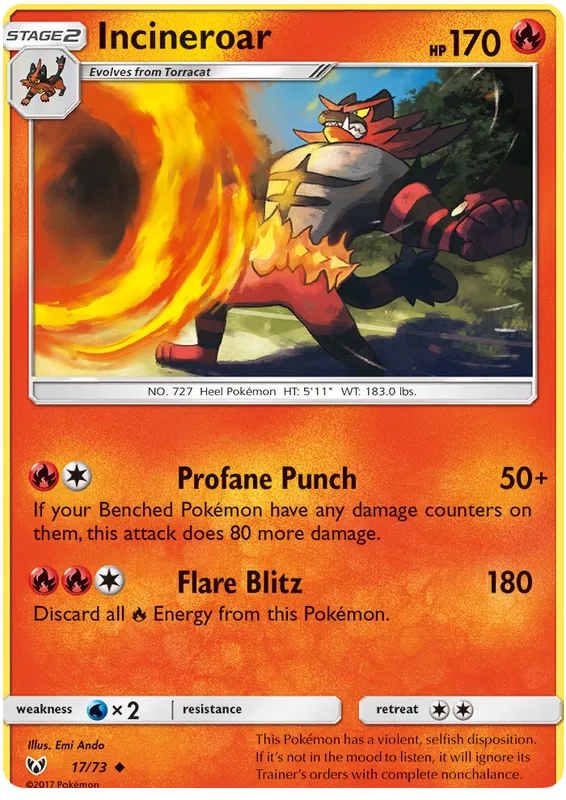 Incineroar 17/73 Reverse Holo Shining Legends Pokemon Card NM