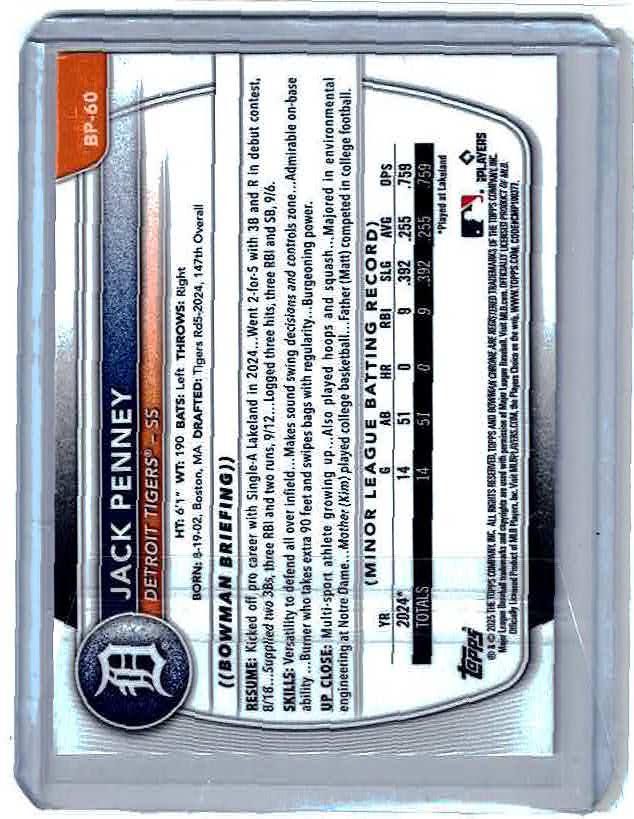 2025 Bowman 1st Jack Penney Prospect purple Paper 157/299 Tigers