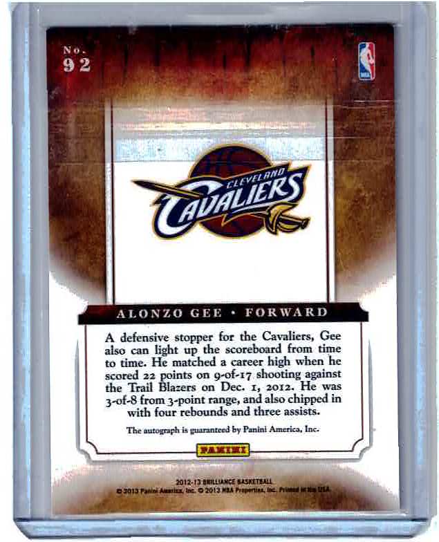 2012-13 Panini Brilliance Marks of Brilliance /199 Alonzo Gee #92 Auto