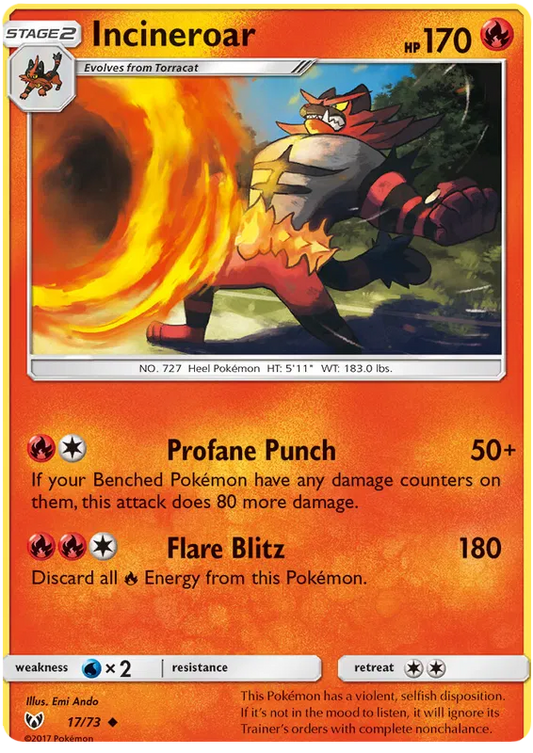 Incineroar 17/73 Reverse Holo Shining Legends Pokemon Card NM