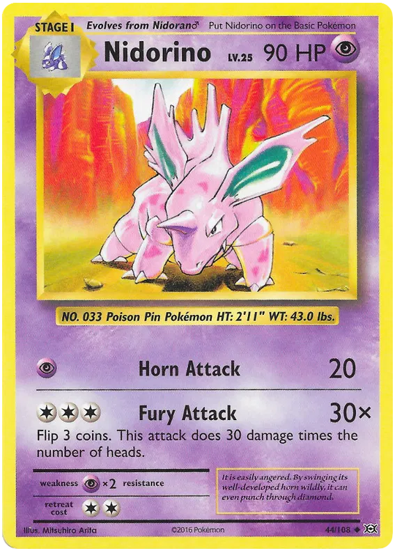 Nidorino - 44/108 - Reverse Holo Uncommon - XY Evolutions NM/M