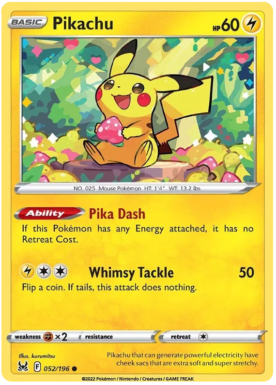Pikachu 052/196 Reverse Holo Lost Origin Pokemon Card NM