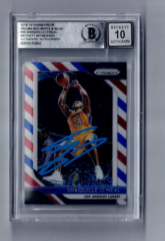 Lakers Shaquille O'Neal Signed 2018-2019 Panini Prizm #35 barber pole Card Auto Grade 10 BAS Slab